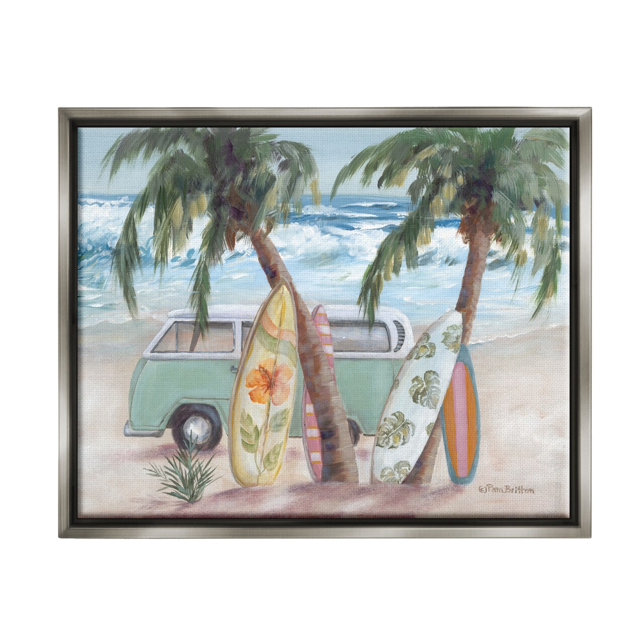 Stupell Industries Summer Waves Tropical Van Surfboards Black Framed Floater Canvas Wall Art